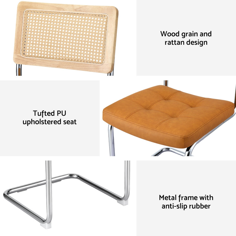 Artiss Dining Chairs Set of 2 PU Leather Rattan Cantilever Brown