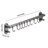 Kitchen Rail with Hooks, Pan and Pot Hangers for Kitchen Wall Mount, Kitchen Hook Rack, No Hole Hanging Rod Wall Mounted Storage Rack, Kitchen Utensil Rack with Removable S Hook, Aluminum Black