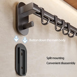 Kitchen Rail with Hooks, Pan and Pot Hangers for Kitchen Wall Mount, Kitchen Hook Rack, No Hole Hanging Rod Wall Mounted Storage Rack, Kitchen Utensil Rack with Removable S Hook, Aluminum Black