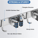 Wall Mounted Broom Holder, Stainless Steel Broom Holder, Storage Hanger Rack for Kitchen, Laundry Room, Garage Organization, 5 Slots and 4 Hooks