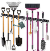2 Pack Wall Mounted Broom Holder And Mop Organizer, Stainless Steel Tool Rack With 4 Slots And 5 Hooks, For Kitchen Bathroom Garage, 49 x 2 cm
