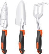 Garden Tools Set, 3 Pack Heavy Duty Gardening Tools Set Include Garden Shovel, Transplant Trowel and Hand Rake with Ergonomic Handle, Aluminum Alloy Lawn for Planting, Orange