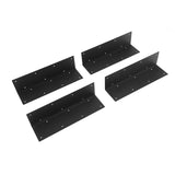 Four black metal mounting brackets with pre-drilled screw holes