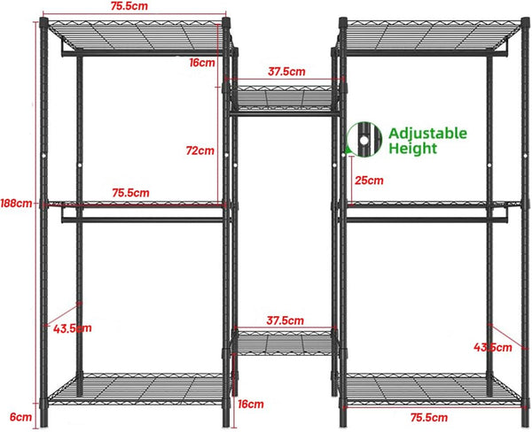 CARLA HOME Heavy Duty Clothing Garment Rack Organizer with Hanging Rods & Storage Shelves for Clothes, Shoes & Wardrobe
