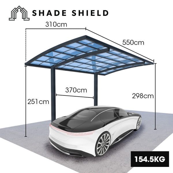 SHADE SHIELD Single Cantilever Carport 3.0m x 5.5m x 3.5m, Aluminium Alloy Frame, Polycarbonate Roof, Shelter for Car or Outdoor Living