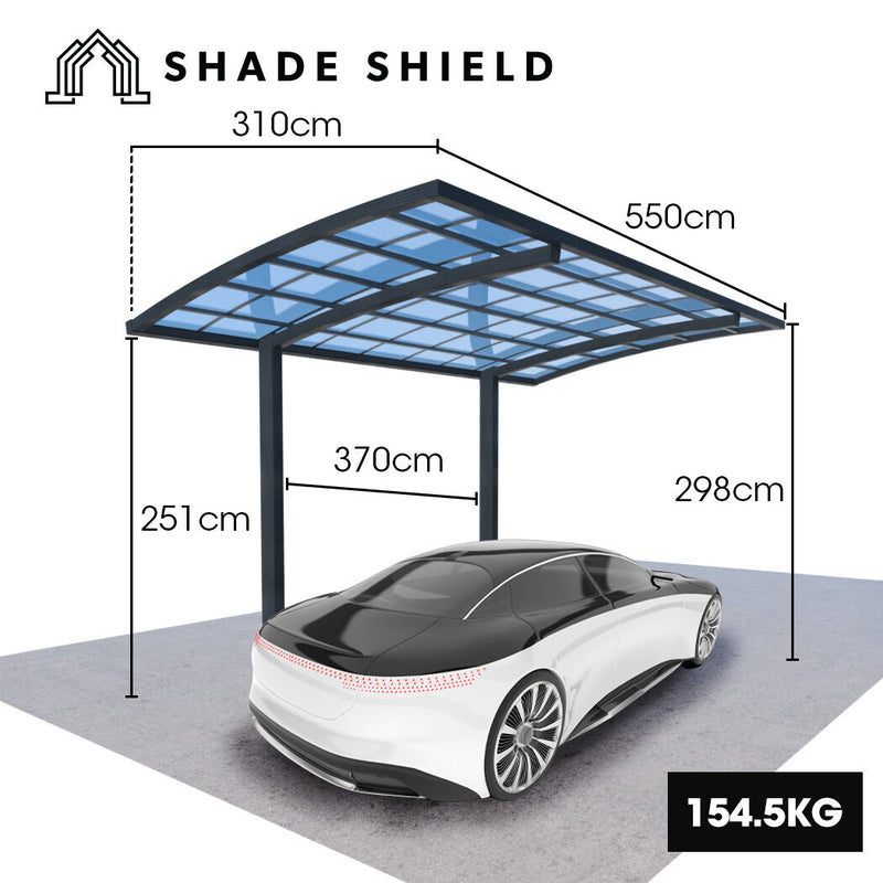 SHADE SHIELD Single Cantilever Carport 3.0m x 5.5m x 3.5m, Aluminium Alloy Frame, Polycarbonate Roof, Shelter for Car or Outdoor Living