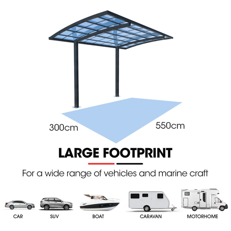 SHADE SHIELD Single Cantilever Carport 3.0m x 5.5m x 3.5m, Aluminium Alloy Frame, Polycarbonate Roof, Shelter for Car or Outdoor Living