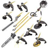 BAUMR-AG 65cc 9in1 Long Reach Garden Multi-tool, Pole Saw, Hedge & Line Trimmer, Brush Cutter, 12" Tree Trimming Pruning Chainsaw Bar, 2 Extension Shafts
