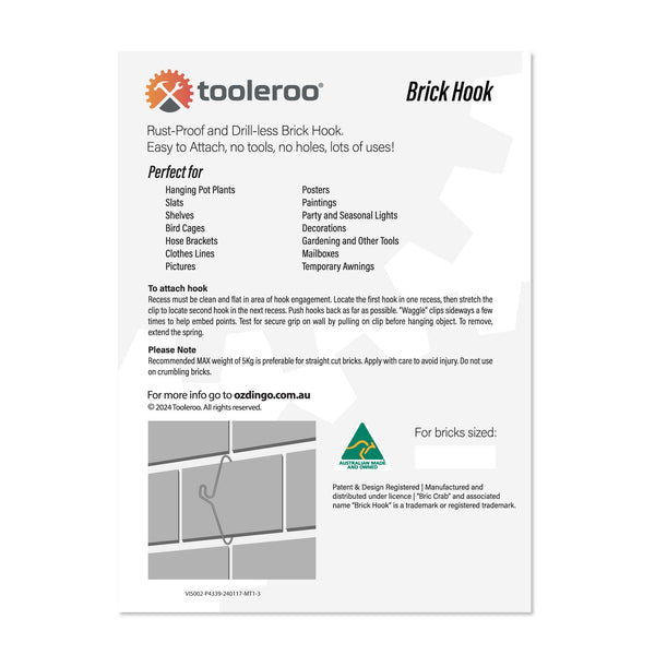 10 Pack 155-165mm (6-6.5") Brick Hooks - Wall Clips Hangers For Pictures Plants