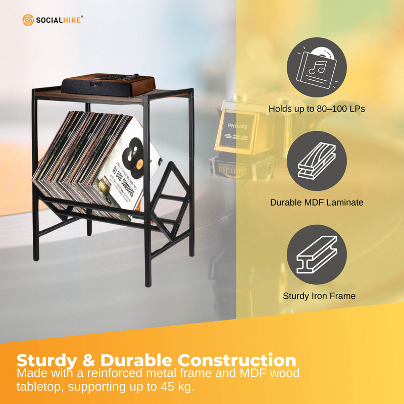 Social Hike Turntable Player Stand & Vinyl LP Record Album Storage - Black Metal