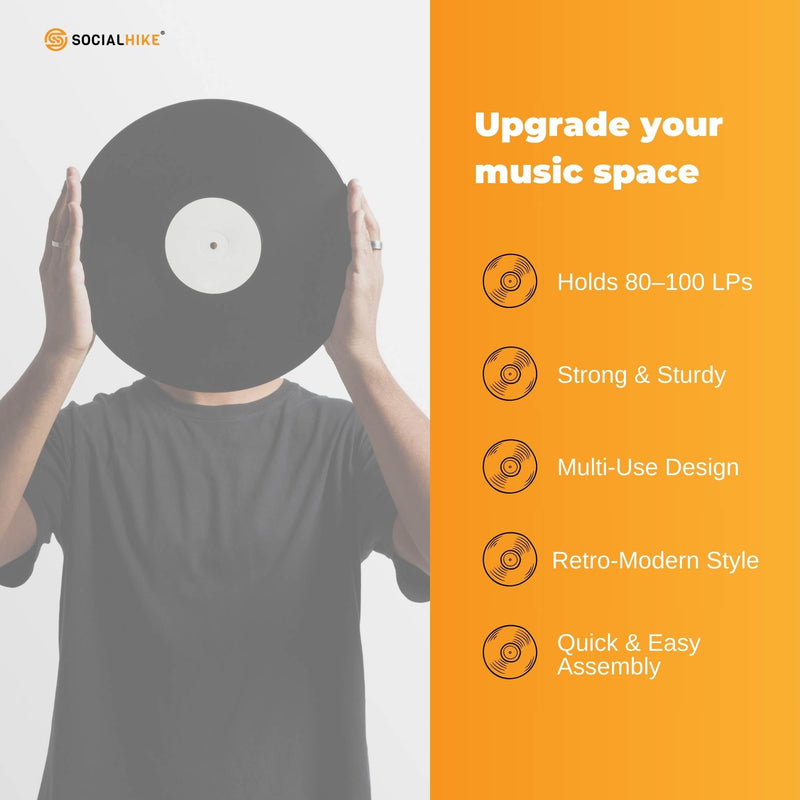 Social Hike Turntable Player Stand & Vinyl LP Record Album Storage - Black Metal