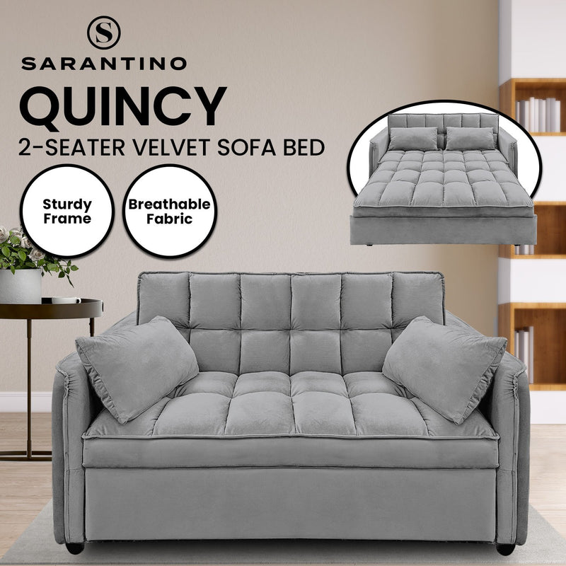 Sarantino Quincy 2-Seater Velvet Sofa Bed in Dark Grey with Wooden Frame and Tufted Design