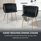 SERENITà Black Modern Hand Weaving Dining Chairs,Velvet Upholstered Side Chairs with Gold Legs, Chic Vanity Chairs with Armrest, Accent Chair for Dining Room, and Cafe Set of 2