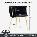 SERENITà Black Modern Hand Weaving Dining Chairs,Velvet Upholstered Side Chairs with Gold Legs, Chic Vanity Chairs with Armrest, Accent Chair for Dining Room, and Cafe Set of 2