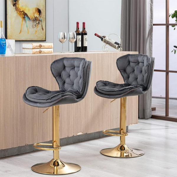 SERENITà Swivel Bar Stools Set of 2 Counter Height Barstools with Back Velvet Upholstered Adjustable Stool Chair Min Century Modern Bar Stool for Kitchen Island (Grey)