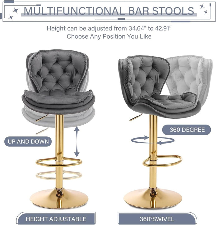 SERENITà Swivel Bar Stools Set of 2 Counter Height Barstools with Back Velvet Upholstered Adjustable Stool Chair Min Century Modern Bar Stool for Kitchen Island (Grey)
