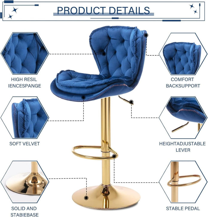 SERENITà Swivel Bar Stools Set of 2 Counter Height Barstools with Back Velvet Upholstered Adjustable Stool Chair Mid Century Modern Bar Stool for Kitchen Island (Navy Blue)