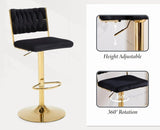 SERENITà  2x Velvet Bar Stools with Braided Back Elegant Kitchen High Chairs, Kitchen Island Stools Adjustable Height Swivel Bar Chairs with Gold Legs for Home-Black