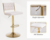 SERENITà  2x Velvet Bar Stools with Braided Back Elegant Kitchen High Chairs, Kitchen Island Stools Adjustable Height Swivel Bar Chairs with Gold Legs for Home-White