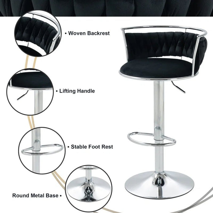 SERENITà Silver Swivel Upholstered Velvet Adjustable Height Counter Stool with Metal Frame Black (Set of 2)