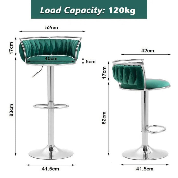 SERENITà Silver Swivel Upholstered Velvet Adjustable Height Counter Stool with Metal Frame Emerald Green (Set of 2)