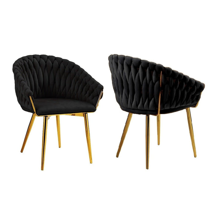 SERENITà Black Modern Velvet Dining Chairs, Upholstered Living Room Chair with Woven Back and Golden Metal Legs, Mid-Century Accent Set of 2