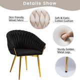 SERENITà Black Modern Velvet Dining Chairs, Upholstered Living Room Chair with Woven Back and Golden Metal Legs, Mid-Century Accent Set of 2