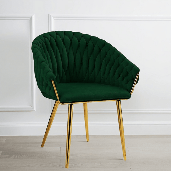SERENITà Emerald Green Modern Velvet Dining Chairs, Upholstered Living Room Chair with Woven Back and Golden Metal Legs, Mid-Century Accent Set of 2