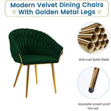 SERENITà Emerald Green Modern Velvet Dining Chairs, Upholstered Living Room Chair with Woven Back and Golden Metal Legs, Mid-Century Accent Set of 2