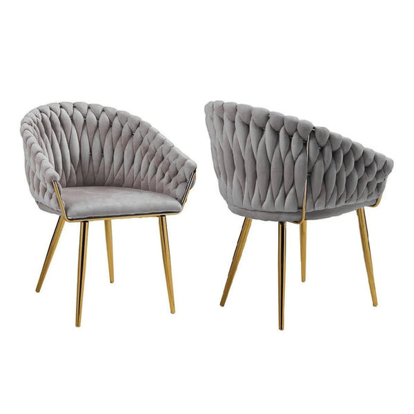 SERENITà Grey Modern Velvet Dining Chairs, Upholstered Living Room Chair with Woven Back and Golden Metal Legs, Mid-Century Accent Set of 2