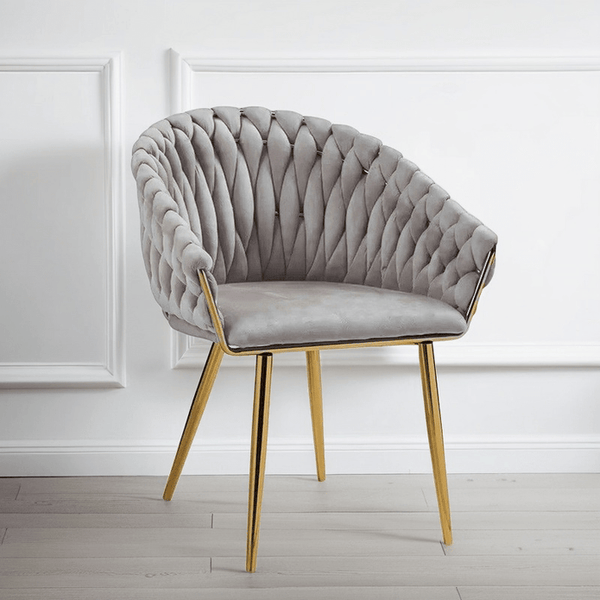 SERENITà Grey Modern Velvet Dining Chairs, Upholstered Living Room Chair with Woven Back and Golden Metal Legs, Mid-Century Accent Set of 2