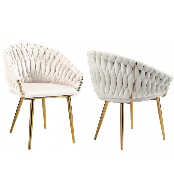 SERENITà Ivory Modern Velvet Dining Chairs, Upholstered Living Room Chair with Woven Back and Golden Metal Legs, Mid-Century Accent Set of 2