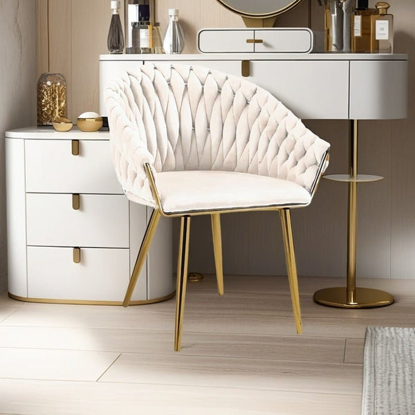 SERENITà Ivory Modern Velvet Dining Chairs, Upholstered Living Room Chair with Woven Back and Golden Metal Legs, Mid-Century Accent Set of 2