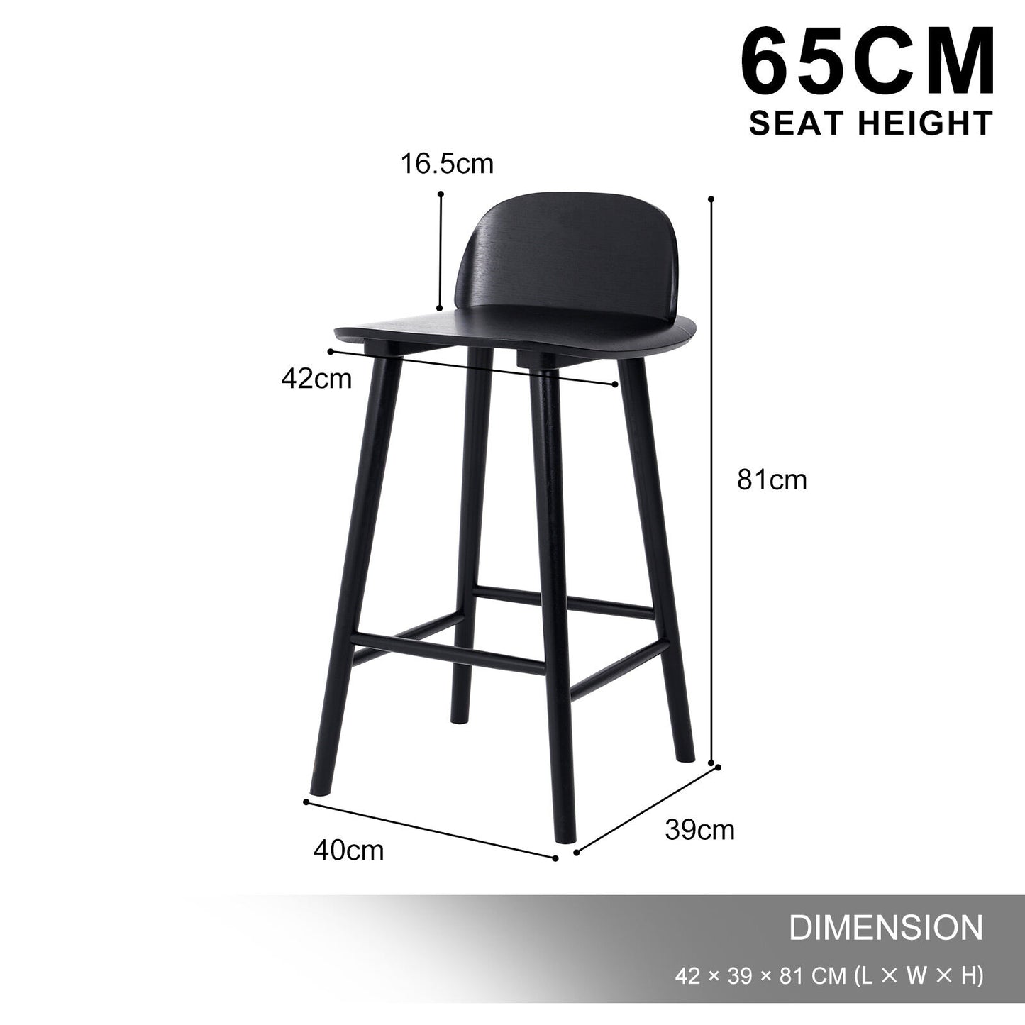 Wooden Bar Stool Dining Chair Ash Wood ELISE 65cm BLACK