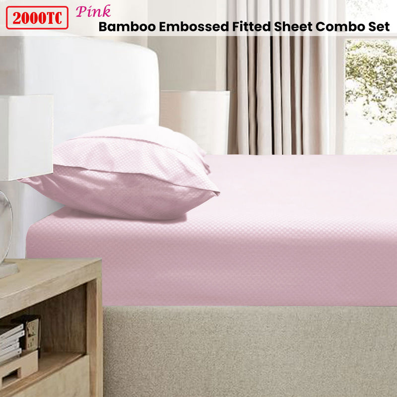 Ramesses 2000TC Bamboo Embossed Fitted Sheet Combo Set Pink Double