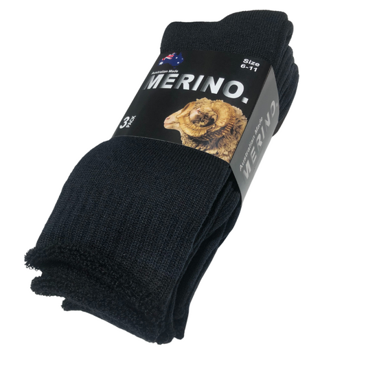 3 Pairs MERINO WOOL SOCKS Mens Heavy Duty Premium Thick Work Socks Cushion - Black - 6-11