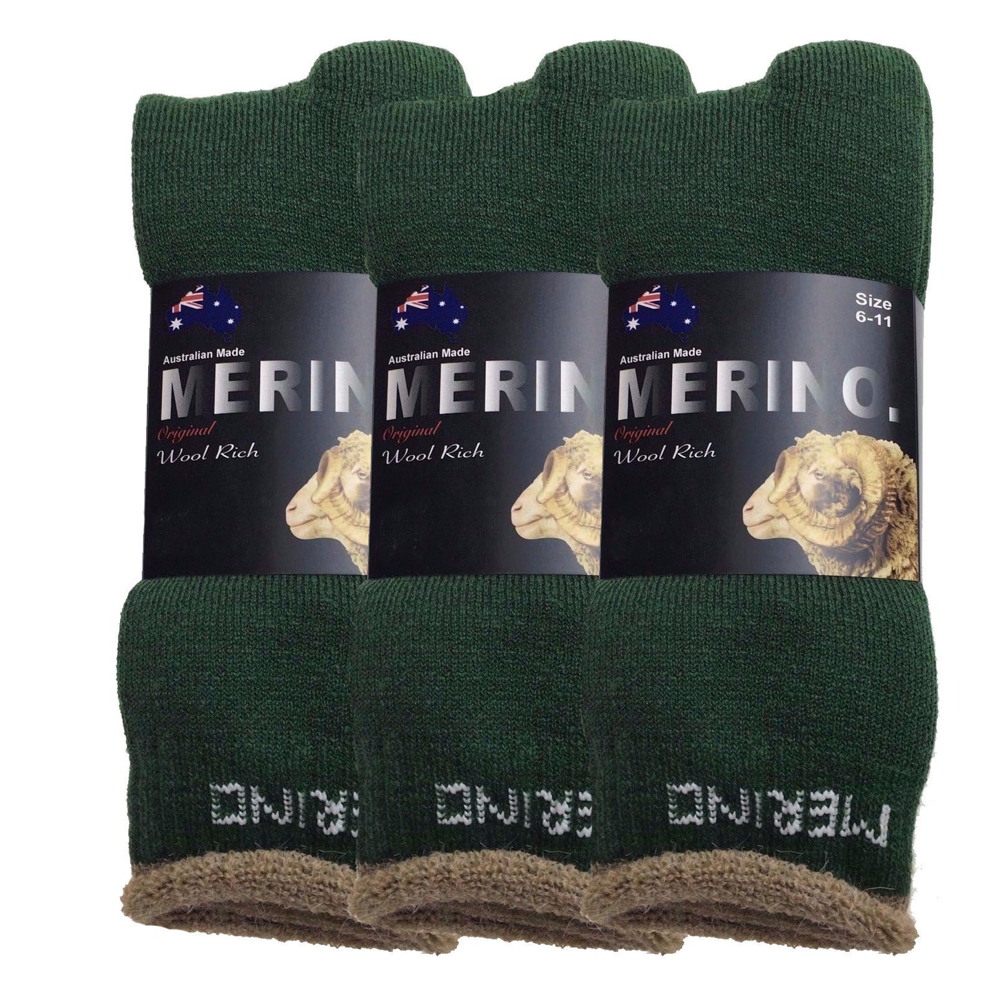 3 Pairs MERINO WOOL SOCKS Mens Heavy Duty Premium Thick Work Socks Cushion - Green - 6-11