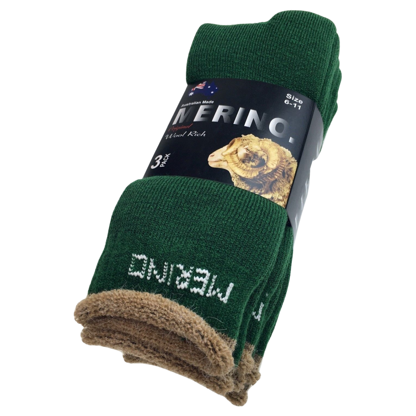 3 Pairs MERINO WOOL SOCKS Mens Heavy Duty Premium Thick Work Socks Cushion - Green - 11-14