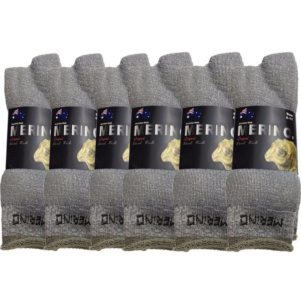 6 Pairs MERINO WOOL SOCKS Mens Heavy Duty Premium Thick Work Socks Cushion BULK - Grey - 11-14