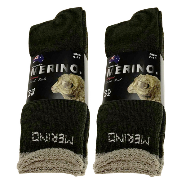 6 Pairs MERINO WOOL SOCKS Mens Heavy Duty Premium Thick Work Socks Cushion BULK - Olive - 11-14