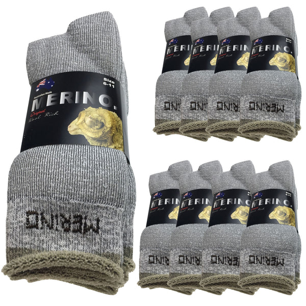 9 Pairs MERINO WOOL SOCKS Mens Heavy Duty Premium Thick Work Socks Cushion BULK - Grey - 11-14