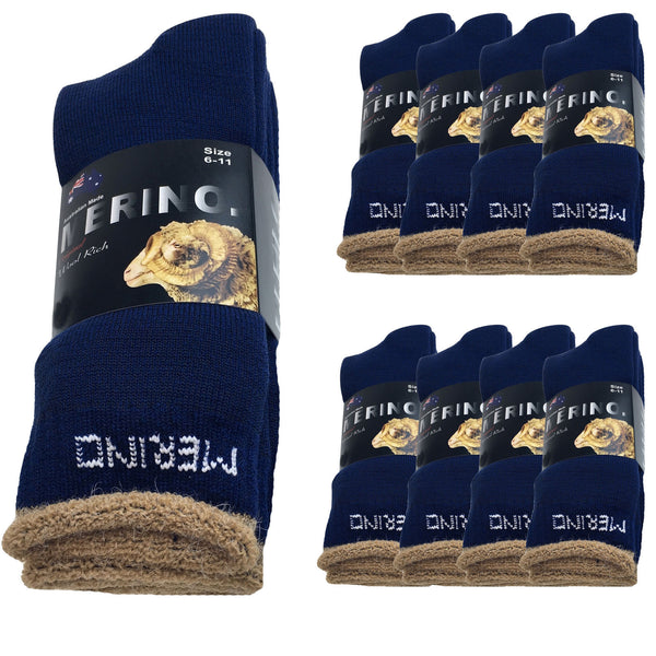 9 Pairs MERINO WOOL SOCKS Mens Heavy Duty Premium Thick Work Socks Cushion BULK - Navy Blue - 6-11