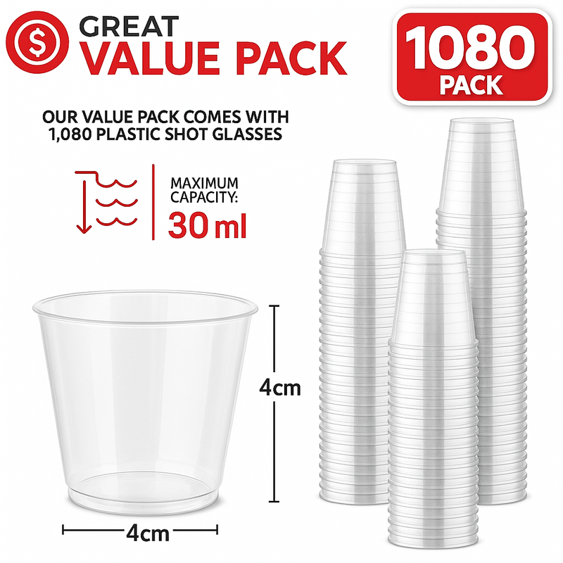 1080pcs 30ml Reusable & Disposable Plastic Shot Glasses Clear Cups Event Tastings Bulk