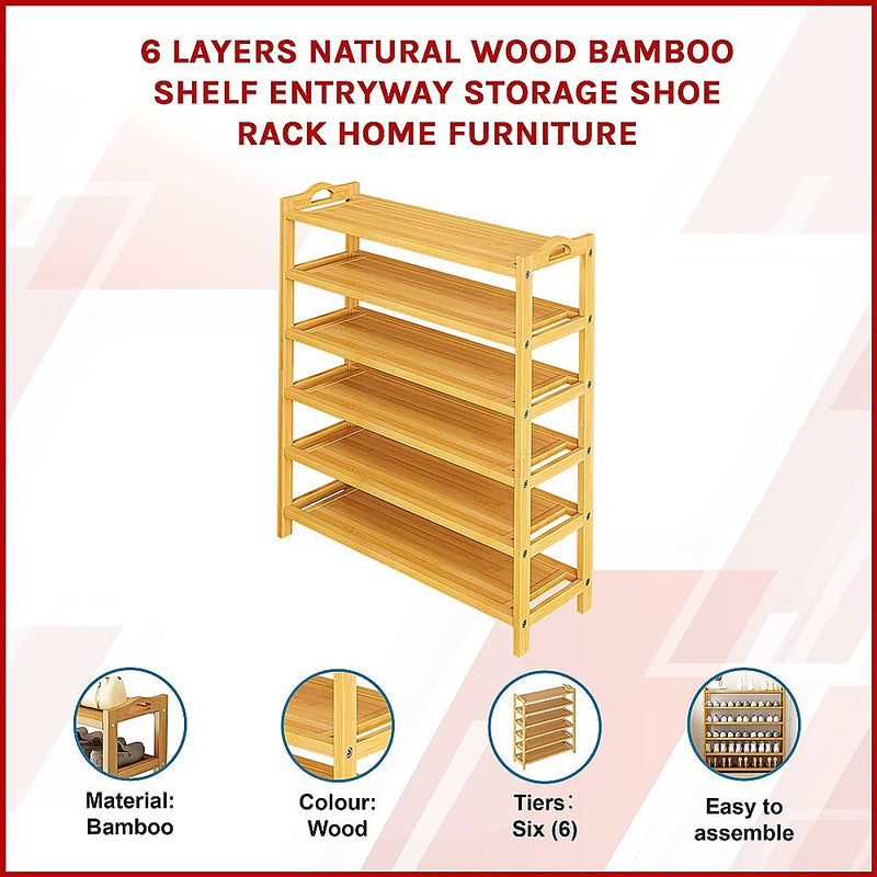 6 Layers Natural Wood Bamboo Shelf Entryway Storage Shoe Rack Home Furniture