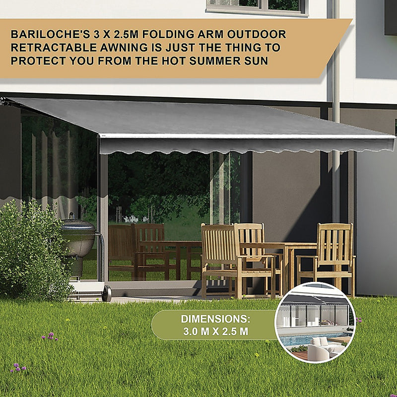 Outdoor Folding Arm Awning Retractable Sunshade Canopy Grey 3.0m x 2.5m