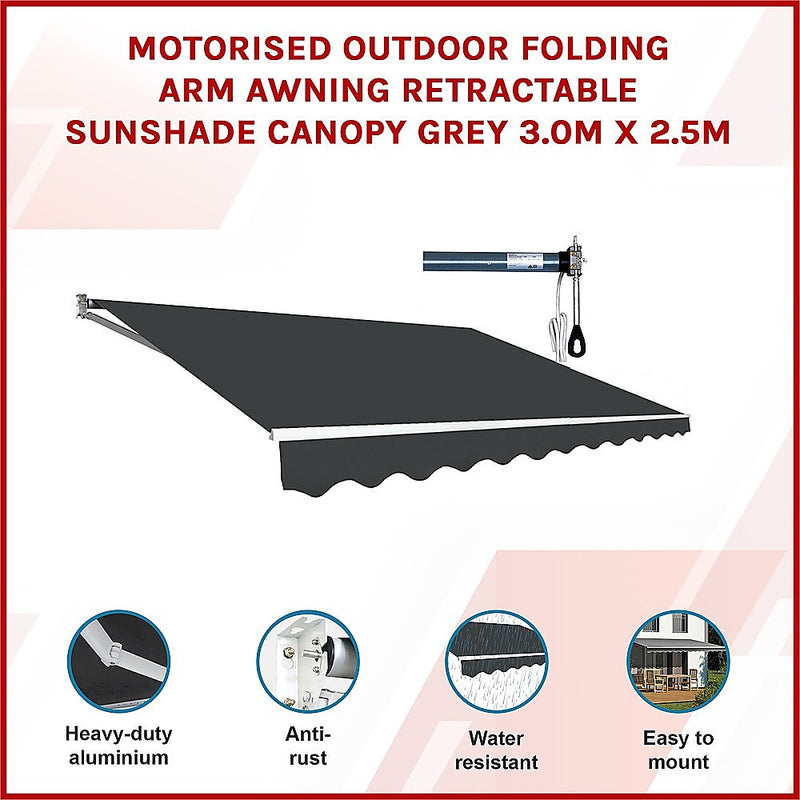 Motorised Outdoor Folding Arm Awning Retractable Sunshade Canopy Grey 3.0m x 2.5m