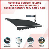 Motorised Outdoor Folding Arm Awning Retractable Sunshade Canopy Grey 5.0m x 2.5m
