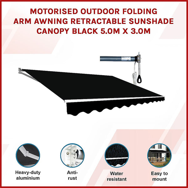 Motorised Outdoor Folding Arm Awning Retractable Sunshade Canopy Black 5.0m x 3.0m