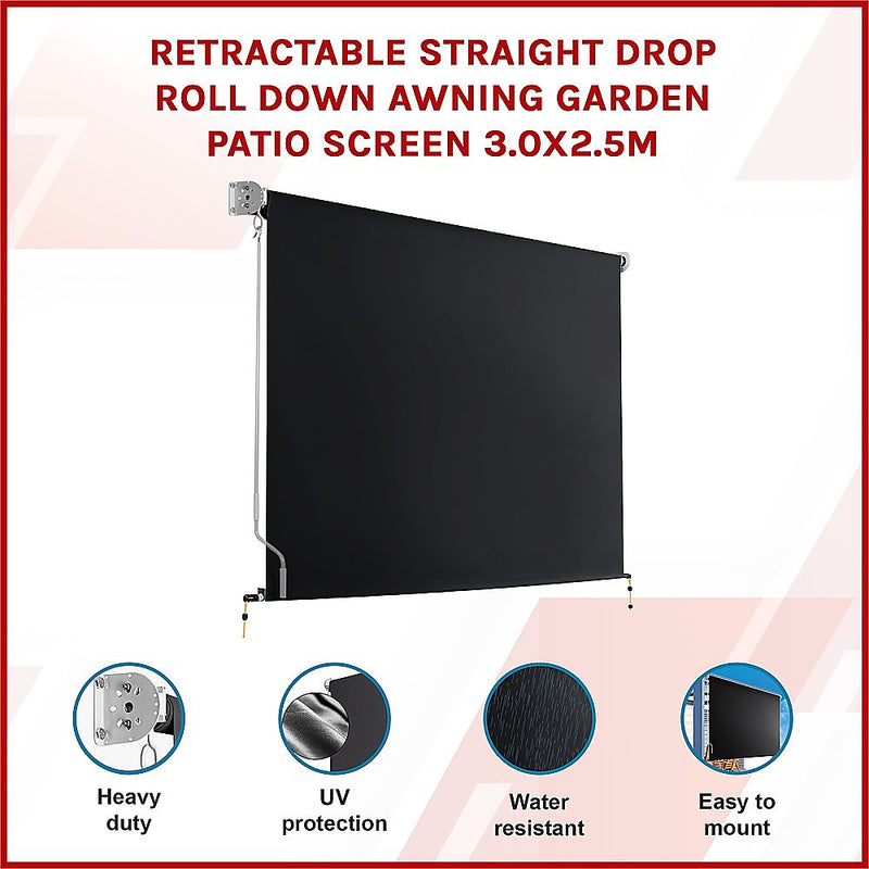 Retractable Straight Drop Roll Down Awning Garden Patio Screen 3.0X2.5M