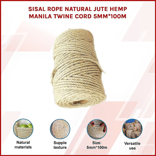 Sisal Rope Natural Jute Hemp Manila Twine Cord 5mm*100m